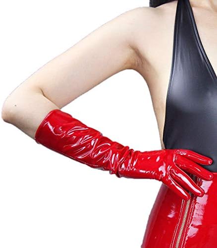 Shine Red Gloves Faux Patent Leather Wrist Long 40cm Cosplay Costume Wedding