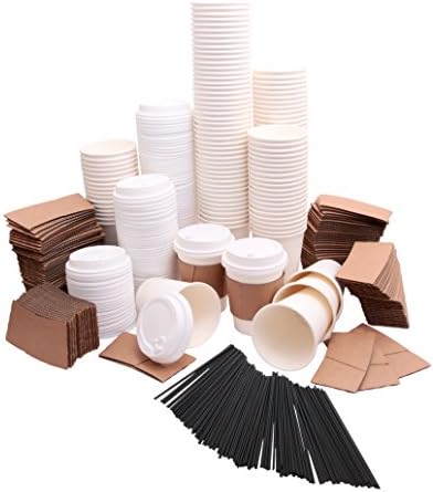 Disposable Coffee Cups with plastic lids, cardboard sleeves and stir straws (125 count) White 12oz, Paper Hot Plastic Travel Lid Office/Party Pack