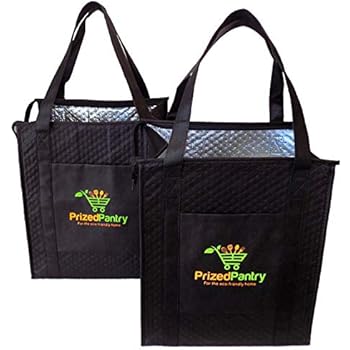 Prized Pantry 2 Pack Insulated Reusable Grocery Bags, X-Large Heavy Duty Cooler Tote Bags, Premium Insulation, Bottom Support, Wrap-Around Handles, Front Pocket, Zipper, No Leak, Keeps Food Hot/Cold