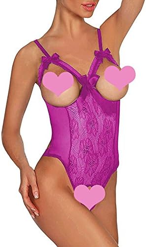 Anlove Womens Sexy Lingerie Open Cup Crotchless One-Piece Teddy Bodysuit (S, Purple)