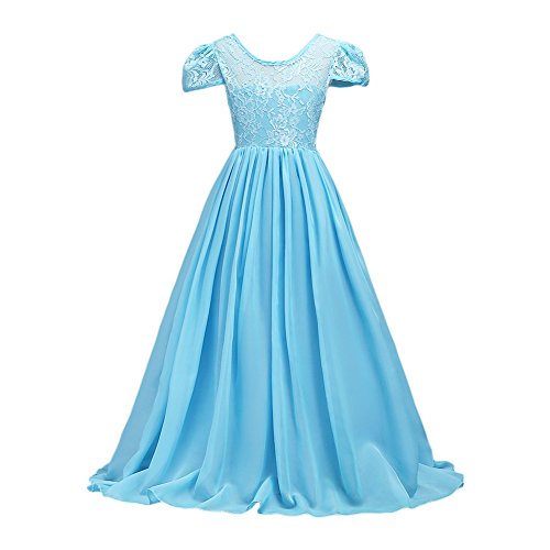 Glamulice Big Girls Lace Chiffon Floor Length Dress Flower Girl Party Dresses Bridesmaid Dance Gown, Sky Blue, 13-14 Years