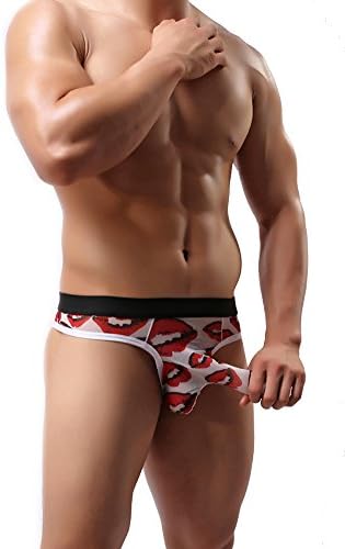 Belle Grace Men's Sexy Color Pattern Briefs Long Bulge Pouch Underwear (L, White lips)