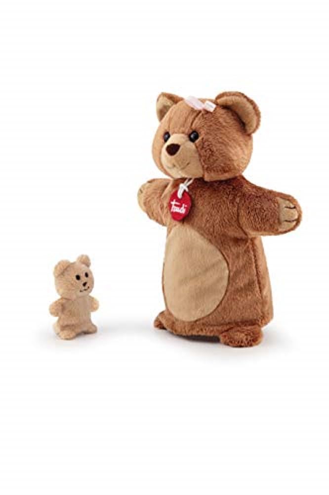 Trudi Puppets 29858 Hand Puppet Teddy Bear with Baby Approx. 26 cm (Size S), Soft Toy Made, Lovely Details, Very Fluffy, Washable, Cuddly Toy and Doll for Children, Brown