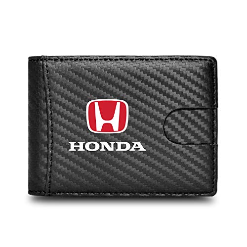 Honda Red Logo Black Slim Real Leather Carbon Fiber Patterns RFID Blocking Bi-fold Wallet