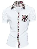 Allegra K Men Short Sleeve Floral Print Button Down Slim Fit Shirt White M