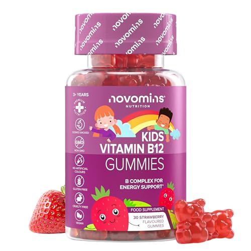 Kids Vitamin B12 Gummies - Vitamin B Complex - with B1, B2, B6, Biotin, Folic Acid - Energy & Metabolism Support - Alternative to Vitamin B12 Tablets - 30 Gummies - Vegan - Novomins