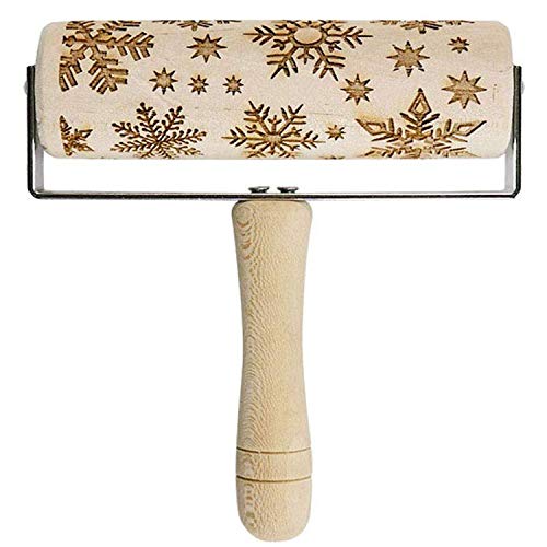 Christmas Wooden Rolling Pins Engraved Embossing Rolling Pin with Christmas Deer snowflake Pattern Christmas Theme Baking Embossed Cookies Noodle Biscuit Fondant Cake Carved Decorative Kitchen Tool