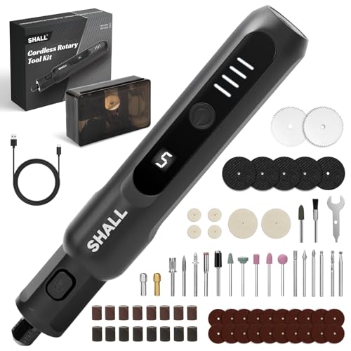 SHALL Utensile rotante senza fili da 3,7 V, 20000 giri/min, 5 velocità, kit smerigliatrice ricaricabile tramite USB con 70 accessori e luce LED, multiuso per levigatura, lucidatura, foratura, molatura