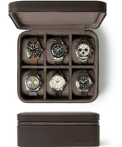 TAWBURY Watch Case - 6 Slot Genuine Top-Grain Leather Watch Box for Men & Women with Extra Wide Pillows for Large Watches - Portable Wristwatch Storage for Home & Travel (Brown)