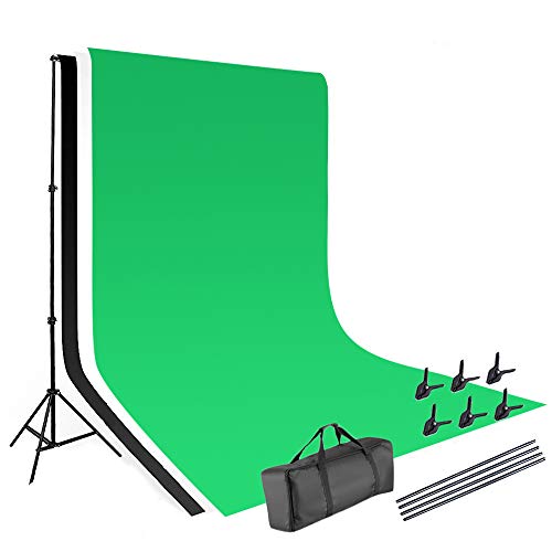Portable Photo Studio 10 x 6.5ft Background Stand Kit Backdrop Support System with 3 Color Non-Woven Fabrics Background (Green Black White, 9.84ft x 5.25ft) and Carrying Bag