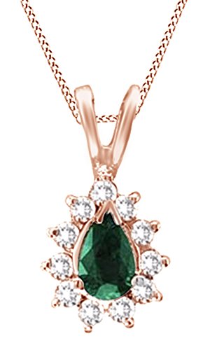 Pear Shaped Simulated Green Emerald & Natural Diamond Pendant Necklace in 14K Solid Gold
