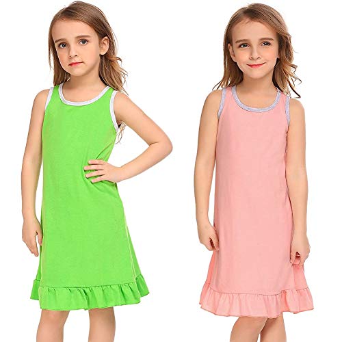 adakel 2 Pieces Girls Nightgowns Nightshirt Pajamas  Sleeveless Cotton Girls Nightdress Summer Casual Dresses ,2 Colors(M 2 colors)