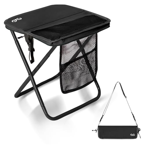 CAMDOOR Portable Collapsible Stool, 16″Folding Stool with 3 Side Pockets and Shoulder Strap, Extra Large Camping Chair Supports 400 lbs, Ultralight Portable Seat for Outdoor, Hiking, Fishing