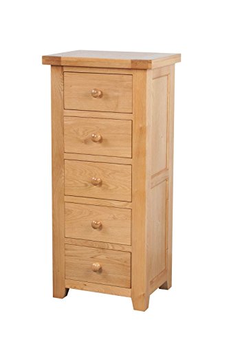 Devon Solid Oak 5 Drawer Tall Chest Of Drawers Fully Assembled