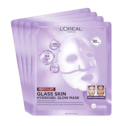 L'Oréal Paris Glass Skin Hydrogel 4er Maskenbox, für aufgepolsterte & glowy Haut, feuchtigkeitsspendend & glättend, [mit Hyaluronsäure], Revitalift Filler, Vorteilsset, 100g