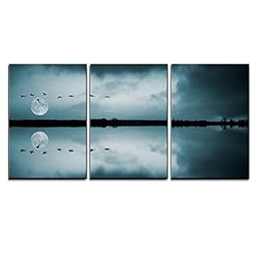 Full Moon and Flying Birds Reflecting in Water x3 Panels