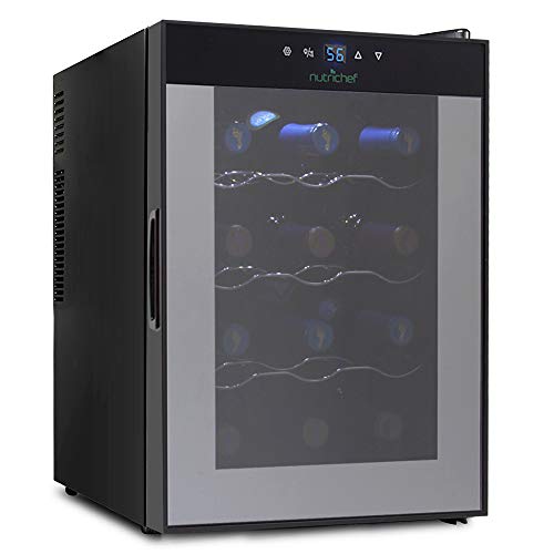 NutriChef 12 Bottle Thermoelectric Red And White Wine Cooler/Chiller, Counter Top Wine Cellar with Digital Control, Freestanding Refrigerator, Smoked Glass Door, Quiet Operation Fridge