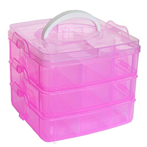 MINGHU 3-Tier Transparent Stackable Adjustable Compartment Slot Plastic Craft Storage Box Organizer Snap-lock Tray Container 3 Sizes 4 Candy Colors Available (Medium 18 Compartment, Red)