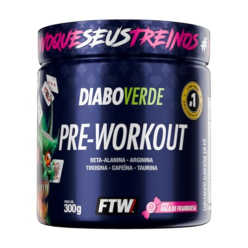 Pré Treino Pre Workout DIABO VERDE Pote 300g Sabor Bala de Framboesa FTW - Suplemento Com Cafeína, Aminoácidos Beta‑Alanina e Arginina para Treinos e Atividades Físicas
