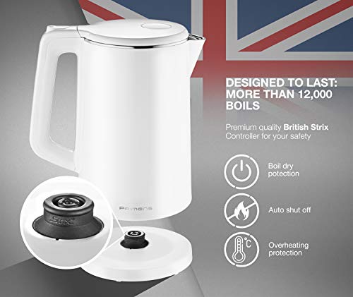 Premium Cordless Hot Water Electric Tea Kettle - Automatic Shut Off - Double Wall Cool Touch - Water Heater Boiler, Fast Boil - Portable Kettle - British Strix Сontroller