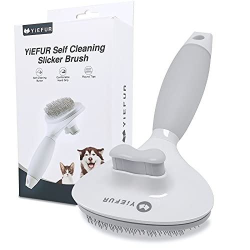 YiEFUR Self Cleaning Slicker Brush for Cats and Dogs, Pet Cat Grooming Comb with Ergonomic Silicone Grip Detangling Shedding Tool for Short and Long Hair – Gently Removes Loose Undercoat, Mats and Tangled Hair