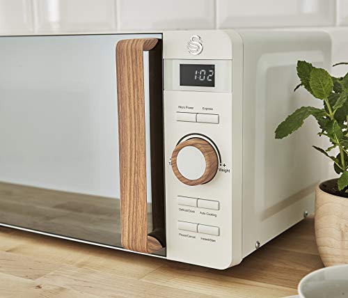 Swan SM22036WHTN, Nordic Digital Microwave, Wood Effect Handle, Soft Touch Housing and Matt Finish, 800W, Cotton White