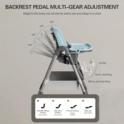 0TO1 3-in-1 Baby High Chair, كرسي اطفال with Wheels, 7-Height Travel Folding High Chair with Tray, Storage Pocket, 4 Recline Adjustable, for Babies and Toddlers (Blue)