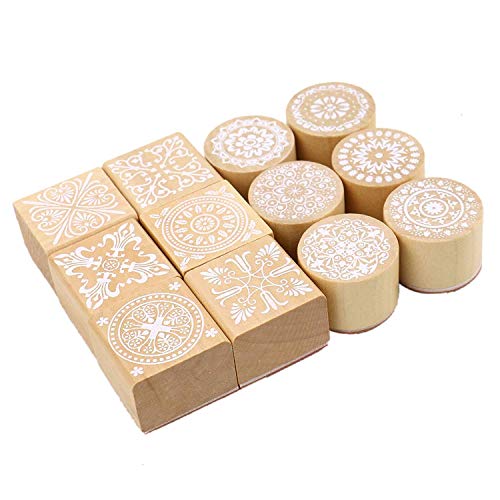 12Pcs Wooden Stamps Floral Pattern Rubber Stamp Round and Square Lace Wooden Rubber Stamp for Scrapbooking and DIY Craft Card