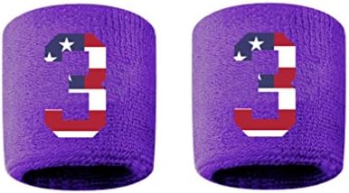 #3 Embroidered/Stitched Sweatband Wristband PURPLE Sweat Band w/ USA AMERICAN FLAG Number (2 Pack)