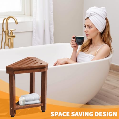 MISSEND Shower Foot Rest 15 in, Acacia Shower Stool for Shaving Legs,Corner Bath Shower Bench with Starage Shelf for Inside Small Shower Spaces