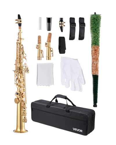 VEVOR Straight Soprano Saxophone, B Flat, Brass Saxophone Beginner Kit with Carrying Case, Mouthpiece, Cleaning Cloth Rod, Gloves, Neck Strap, 23 Keys Soprano Sax Kit, for Beginners Students, Gold