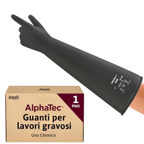 Ansell AlphaTec 87-108 Chemical Resistant Gloves in Latex with Long Cuff (61cm/24in), Heavy Duty Protection against Acids and Solvents, Reusable Rubber Latex Gloves, Black, Size L (1 Pair)