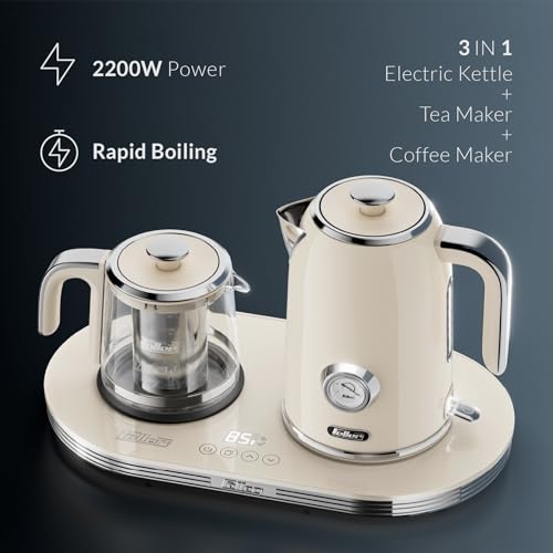 Feller Germany 2200 W 2-in-1 Retro Teamaker/Coffee Maker +1.7L Stainless Steel Electric Kettle with Strix, Adjustable Touch Teapot Temp+LED Display, TS490, 2Y Guarantee-UAE Version (Cream)