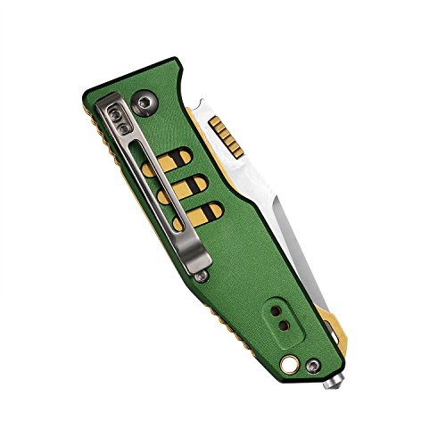 KUBEY EDC Multitool Pocket Folding Knife with Clip,Stainless Steel Tanto Blade,Anodized Aluminum Handle Glass Breaker Opener,3-4/5-Inch Closed (Green Golden)