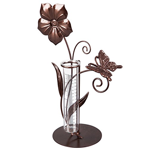CEDAR HOME Rain Gauge Outdoor Garden Wireless Glass Brass Metal Tabletop Cute Professional Raingauge for Lawn Yard Patio Decor 8oz, 10.5" W x 6" D x 16" H, Butterfly and Flower