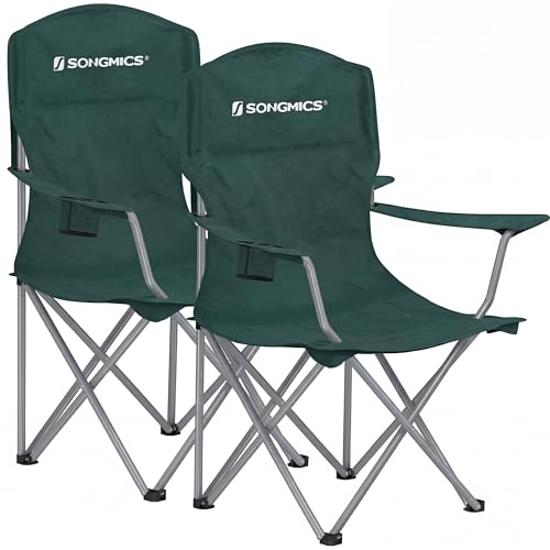 SONGMICS 2 Pack Folding Camping Chairs, Load 330 lb, Cup Holder and High Backrest, Heavy-Duty Structure, for Lawn, Garden, Fishing, Terrace, Dark Green UGCB08GN Image