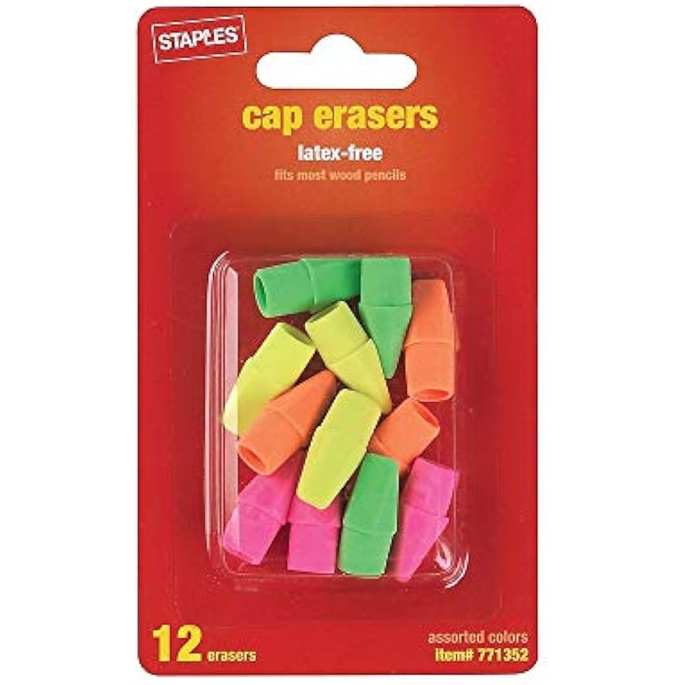 Staples Arrowhead Cap Erasers, Assorted Colors, 12 Counts Pencil Top