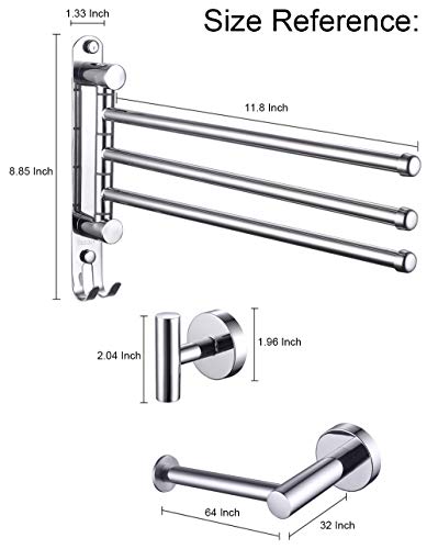ESOW 3-Piece Bathroom Hardware Set, SUS304 Stainless Steel Polished Chrome Finish, Bathroom Accessories Set Wall Mounted (3-Arms Swivel Towel Bar & Bath Towel Hook & Toilet Paper Holder)