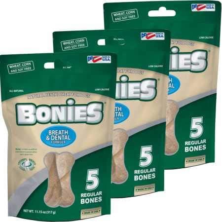 Bonies Breath and Dental Formula Treats for Dogs, All-Natural Ingredients, Fresh Breath, Cleans Teeth, Low Calories, Chicken Flavor - Large 3-Pack, 15 Bones