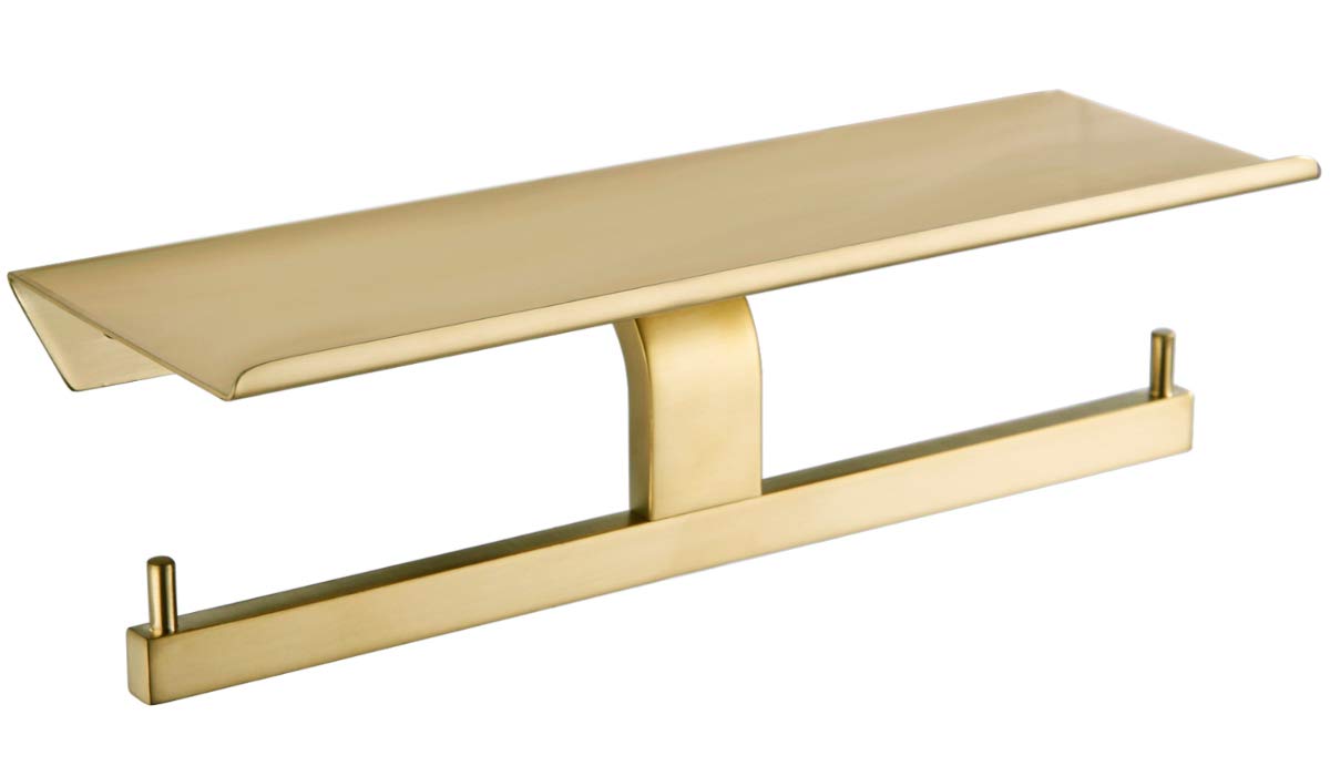 TRUSTMI Dual Roll Toilet Paper Holder with Phone Shelf, Utility 304 Stainless Steel Tissue Dispenser, Rust-Proof Bathroom Paper Hanger, Brushed Gold