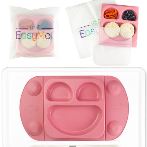 EasyMat Mini Portable Silicone Baby Suction Plate by EasyTots | Lid and Carry Case Included | Travel Friendly | Perfect Placemat for High Chair Feeding & Baby Led Weaning (Pink) — image 1