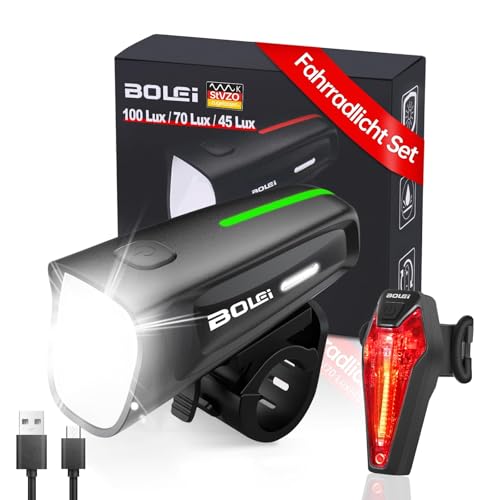 BOLEi Fahrradlicht Set 100 LUX, StVZO Zugelassen, USB, IPX5 Wasserdicht