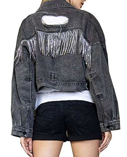 LifeShe fringe cropped denim jacket for women tassel ripped distressed jean jacket with rhinestone