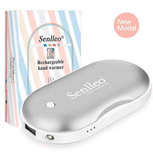 Senlleo Hand Warmer, Rechargeable Hand Warmer : 5200mAh Battery Hand Warmer/Powerbank with Mini Flashlight Function, Double-Sided Warmer Winter Gift for Girl/Men/Women(Silver)