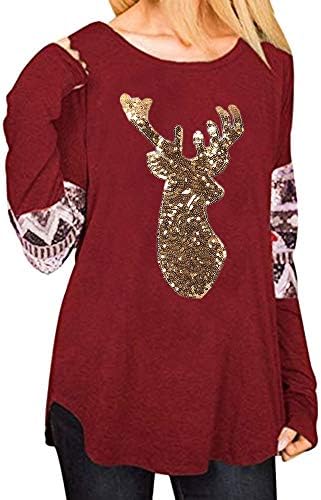 HunYUN Christmas Elk O-Neck Long Sleeve Women Geometric Printed Splicing T-Shirt Sweatshirt Pullover Tops