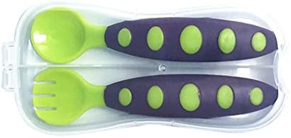 Amazemarket Infant Baby Toddler Utensils Flatware Tableware Early Learning Fork Spoon Combination Set Travel Case Perfect Size Kids Cutlery Self Feeding Boys Girls Eat Training (Green + box)