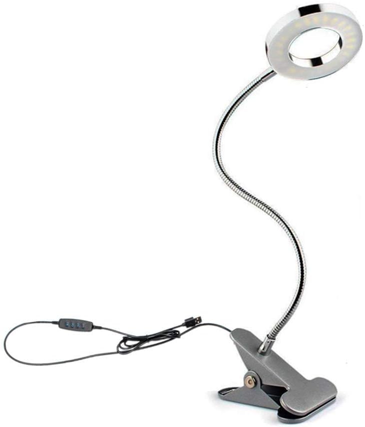 WeFoonLo Dimmable 5W LED USB Plug Clip On Light Flexible Gooseneck Reading Lamp for Laptop, Book,Piano,Bed Headboard,Desk, 3 Lighting Colors, 10 Brightness Levels (Silver)