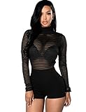 Biz Simple Womens Mock Neck Long Sleeve Mesh Short See Through Jumpsuit Romper