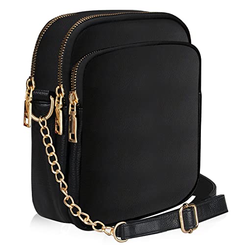 Multi Pocket Black Leather Crossbody Bag for Women Handbag Cute Little Purse Small Trendy Ladies Shoulder Strap Cross Body Bag Designer Crossbody Purse Girls Casual Chain Cell Phone Bags