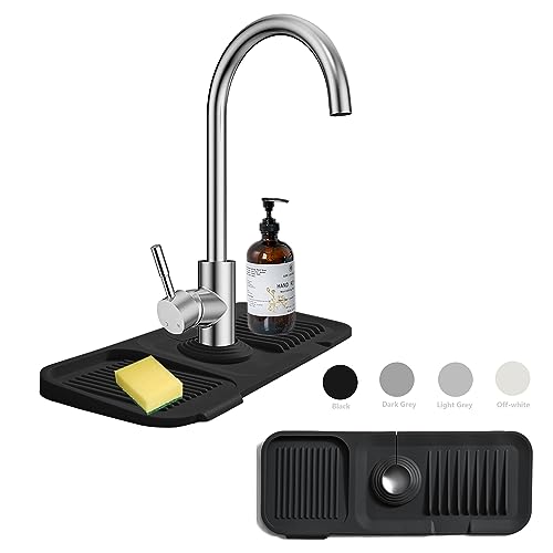 Photo 1 of MOODKEY Kitchen Sink Splash Guard Silicone Faucet Handle Drip Catcher Tray Sink Protector for Kitchen Sink Sponge Holder for Kitchen Sink Faucet Mat Fits Faucet Tube within 2.5" (black, 14.6'')